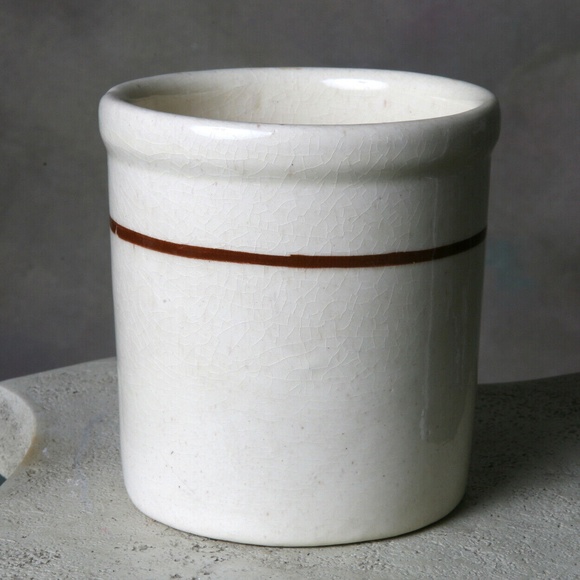 Antique Crock Cream w/Maroon Stripe Crackle Glaze Utensil Holder Plant Holder - Picture 3 of 5